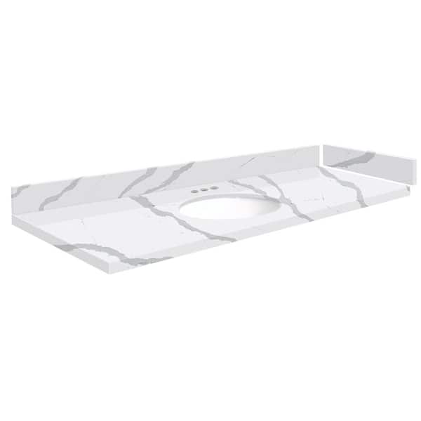 Transolid Silestone 61 in. W. x 22.25 in. D Qt. White Round Single Sink Vanity Top in Bianco Calacatta