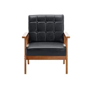 Mid-Century Upholstered Black PU Leather Accent Arm Chair with Solid Wood Frame