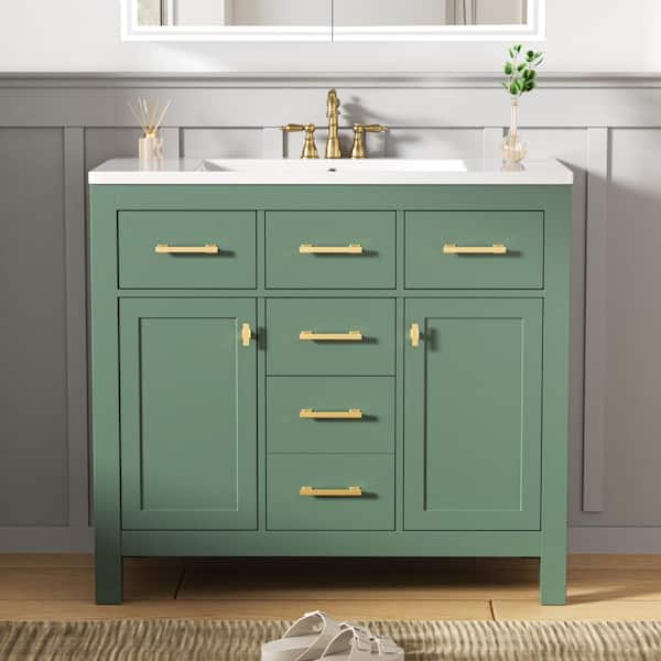 FAMYYT 36 in. Single Sink Freestanding Green Solid Wood Framed