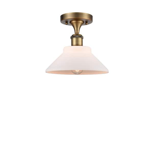 Innovations Orwell 8.38 in. 1-Light Brushed Brass Semi-Flush Mount with Matte White Glass Shade