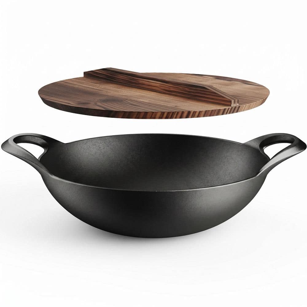 Bakken 14 Pre-Seasoned Cast Iron Wok with Wooden Lid, Heavy-Duty Flat Bottom Stir Fry Pan for All Cooktops, Dual Handles price history on PriceWatchPro
