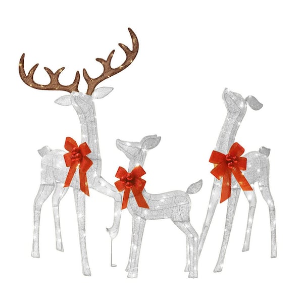 Outdoor Christmas Decoration 3-Piece 3D Reindeer Family Yard Decoration with Cool White LED Lights, White