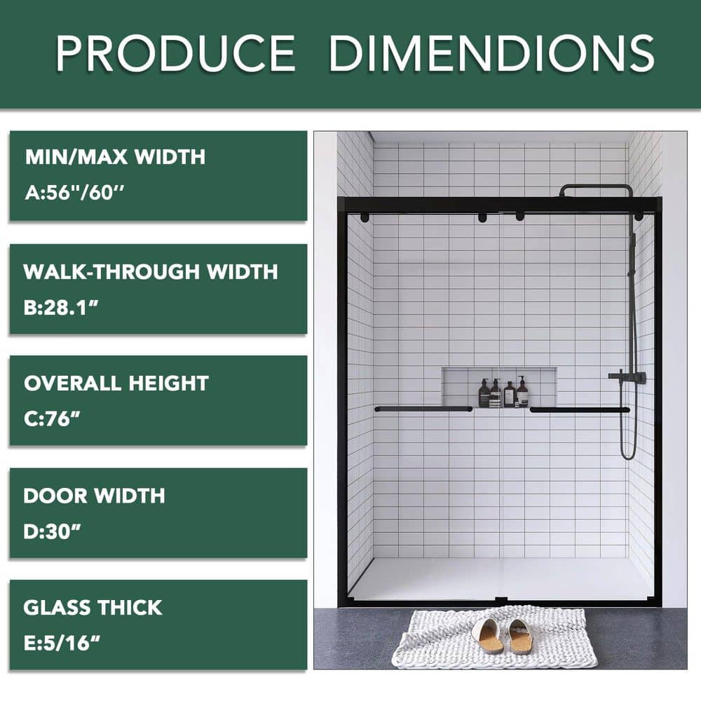 60" Matte Black Aluminum Framed Double Sliding Shower Door