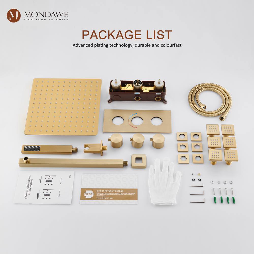 Brushed Gold Dual Square Wall Mounted Shower System with Body Jets