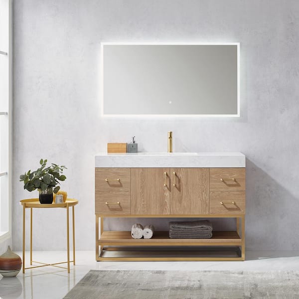 Alistair 48 in. Bath Vanity in North American Oak with Grain Stone Top in White with White Basin