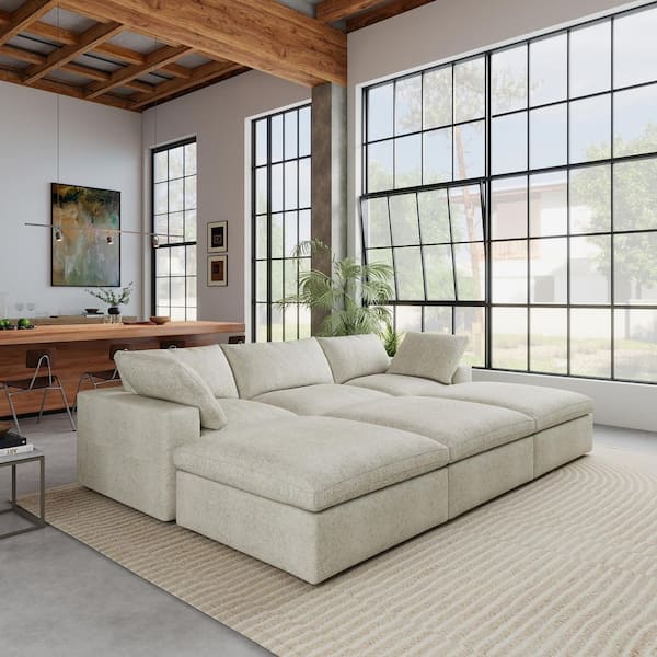 118 in. W Square Arm 6-Piece Linen Modular Down Feather Sectional Sofa Convertible Sofa Bed w/Storage Ottoman in Brown