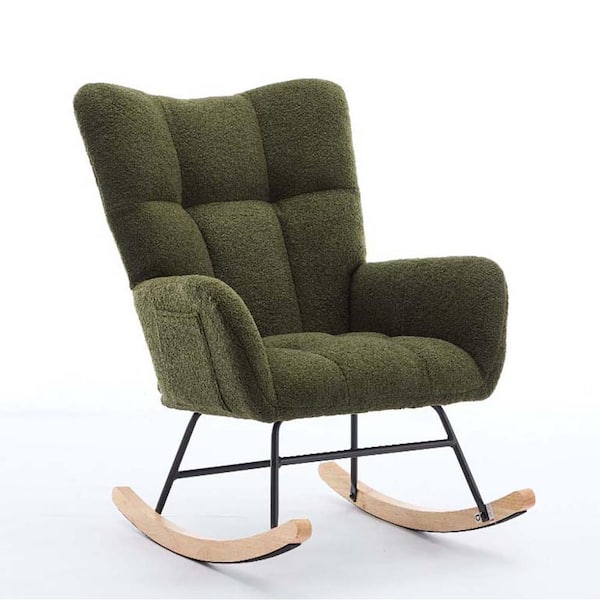 Tenleaf Black Metal Outdoor Rocking Chair with Green Cushion, High Backrest, Solid Wood Legs
