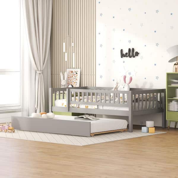 Harper & Bright Designs Gray Twin Size Wood Daybed with Trundle and Fence Guardrails