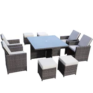 Penny Brown 9-Piece Wicker Outdoor Dining Set with Beige Cushion