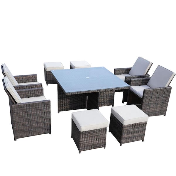 moda furnishings Penny Brown 9-Piece Wicker Outdoor Dining Set with Beige Cushion