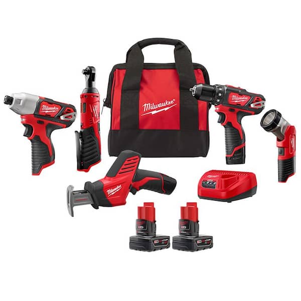 Milwaukee M12 12V Lithium-Ion Cordless Combo Kit (5-Tool) with M12 XC 3.0 Ah Battery Pack (2-Pack)