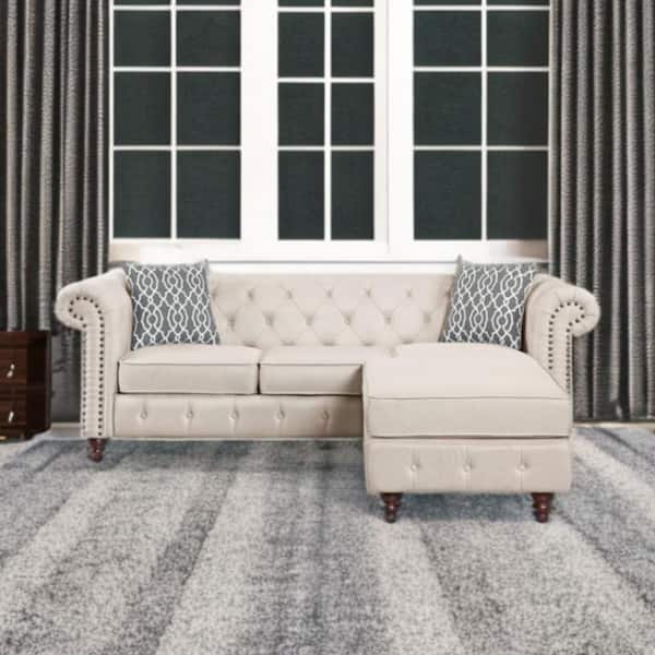 HomeRoots 90 in. Rolled Arm 1-piece Linen L-Shaped Sectional Sofa in. Beige with Nail head Trim