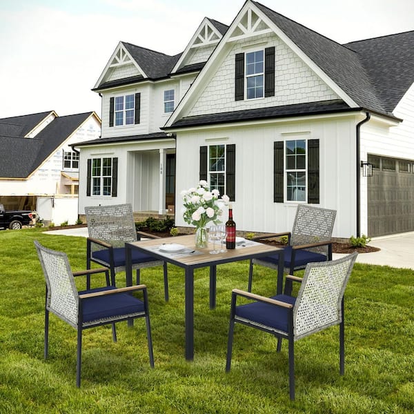 Gray 5-Piece Acacia Wood Patio Conversation Outdoor Dining Set, Table Top with Umbrella Hole with Arm Chairs, Cushions