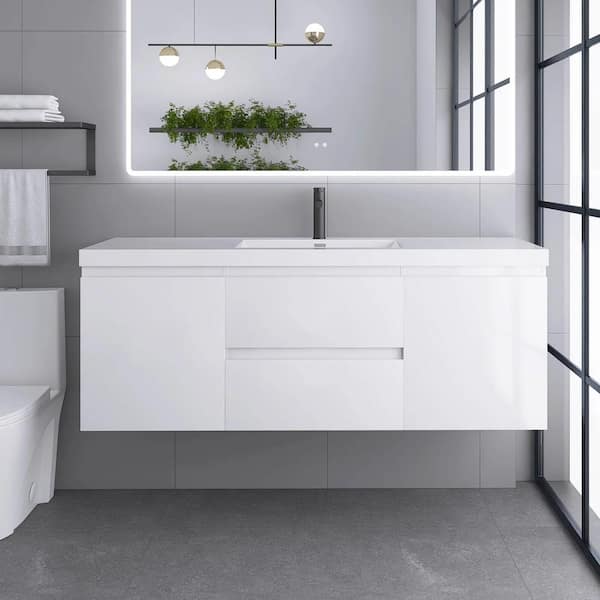 60 in. W x 20 in. D x 22 in. H Single Sink Floating Bath Vanity in White with Glossy White Resin Top