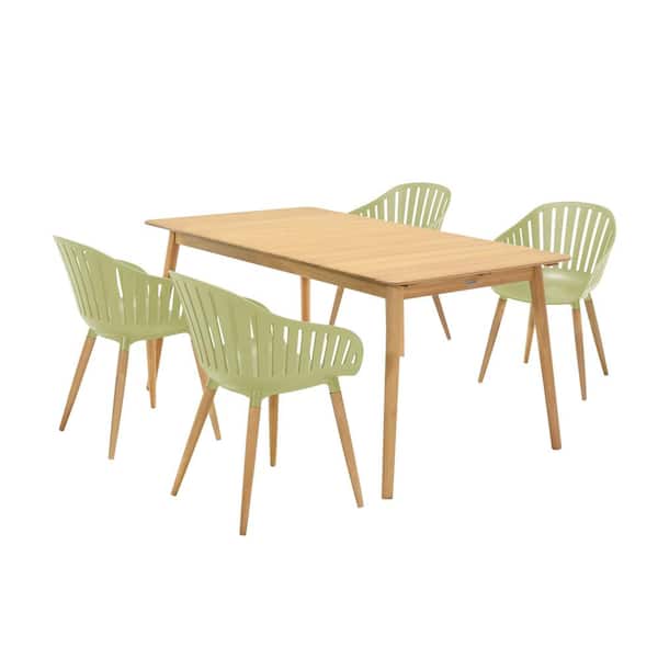 Armen Living Nassau Natural Wood 5-Piece Outdoor Dining Set with Table and Sage Green Arm Chairs