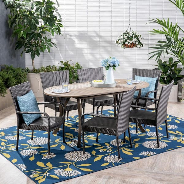 Noble House Jasper Gray 7-piece Wood And Faux Rattan Outdoor Patio 