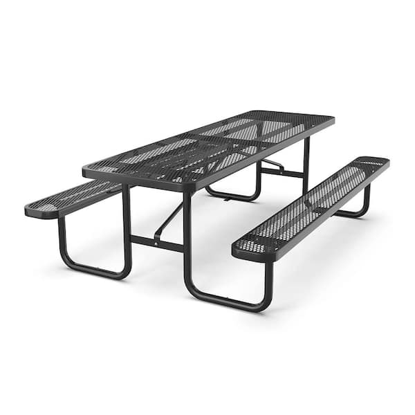 Misopily 96 in. Black Rectangular Steel Expanded Outdoor Picnic Table Seats 8 People for Lawn, Balcony, Backyard Picnic