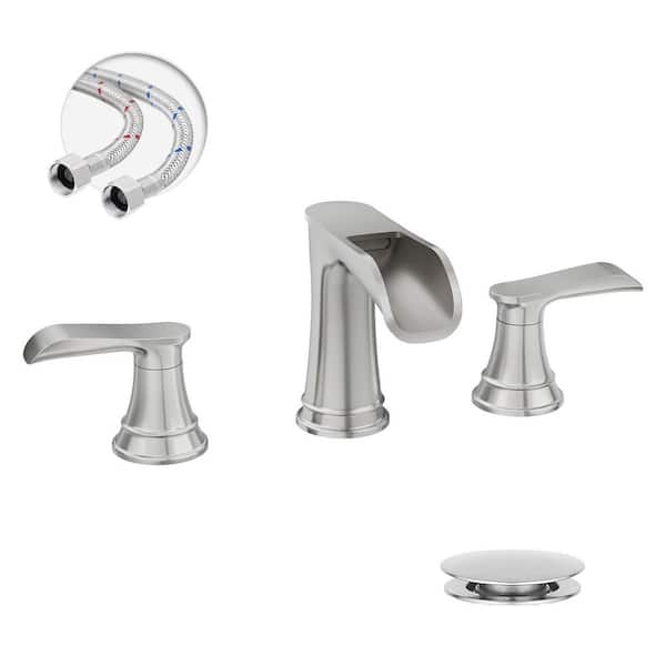 8 in. Waterfall Widespread 2-Handle Bathroom Faucet With Pop-up Drain Assembly in Brushed Nickel