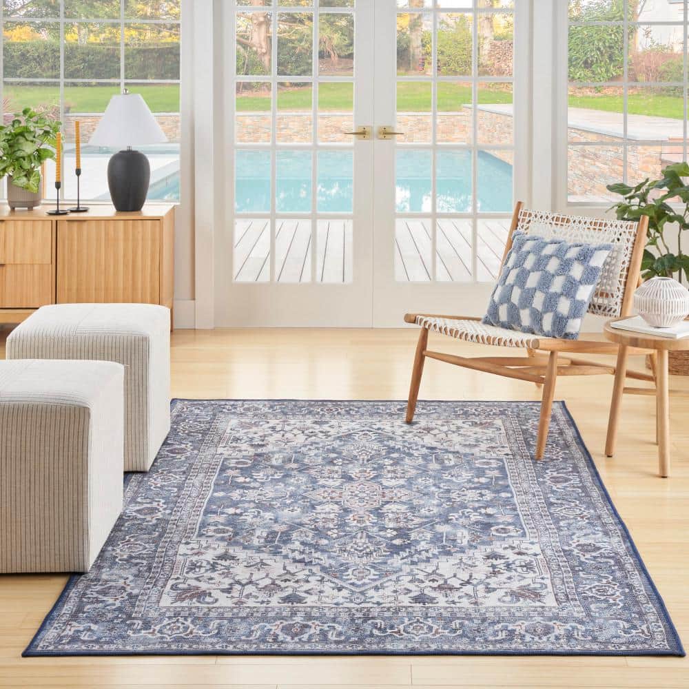 Navy Ivory Floral 6' x 9' Cotton Chenille Area Rug