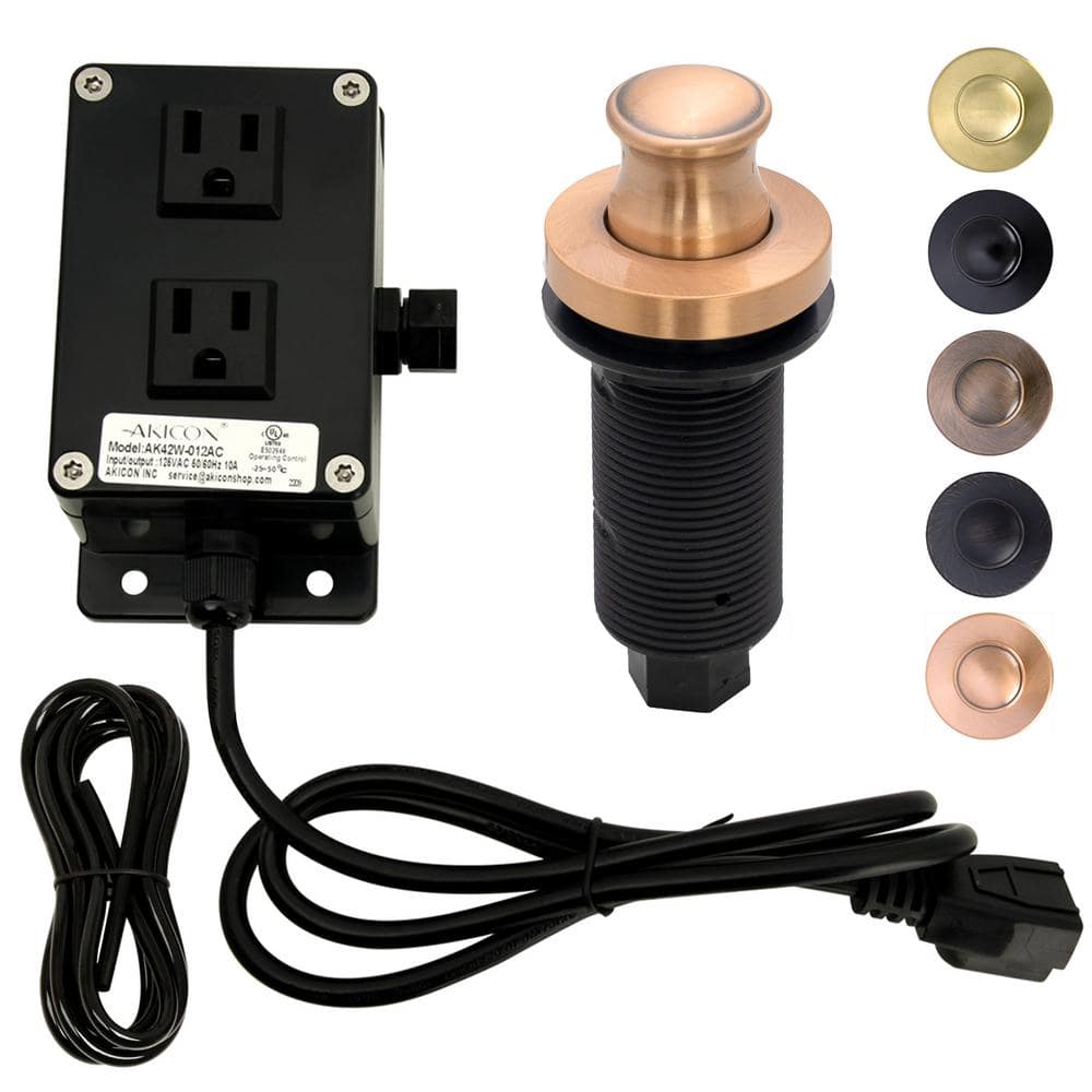 Garbage Disposal Air Switch Kit, Dual Outlet, Solid Brass Button, Copper Lo