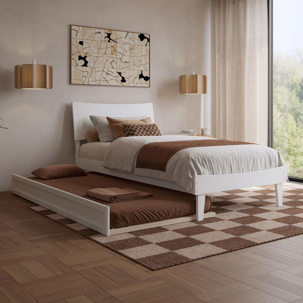 Phoenix White Wood Frame Twin XL Platform Bed with Twin XL Trundle