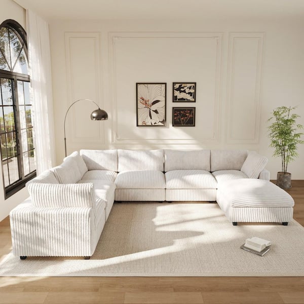 157.48 in. W Square Arm 6-piece Faux Rabbit-Hair Plush Velvet Modular Sectional Sofa With Removable Covers in. Beige