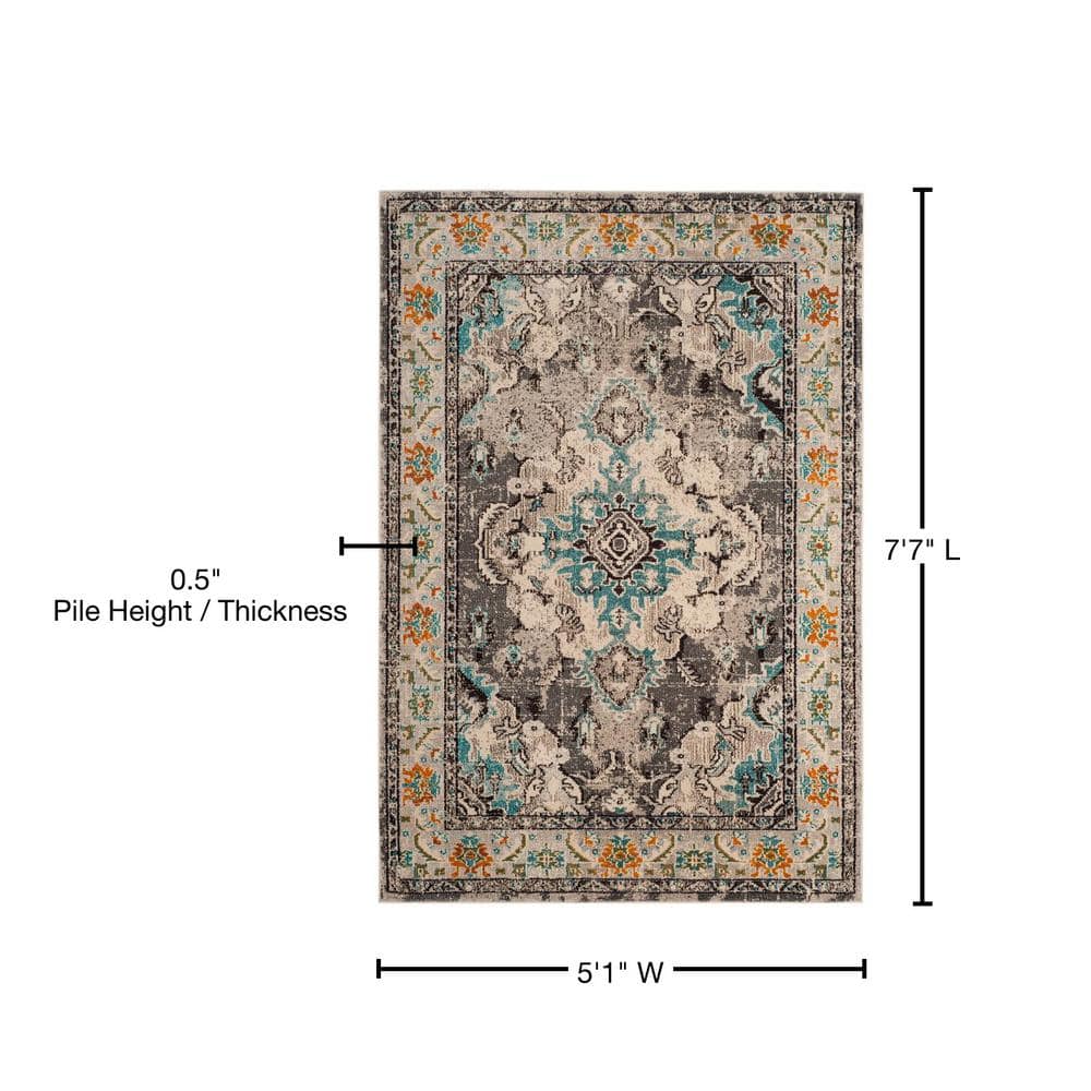 Grey and Orange Medallion 59" Round Synthetic Easy-Care Rug