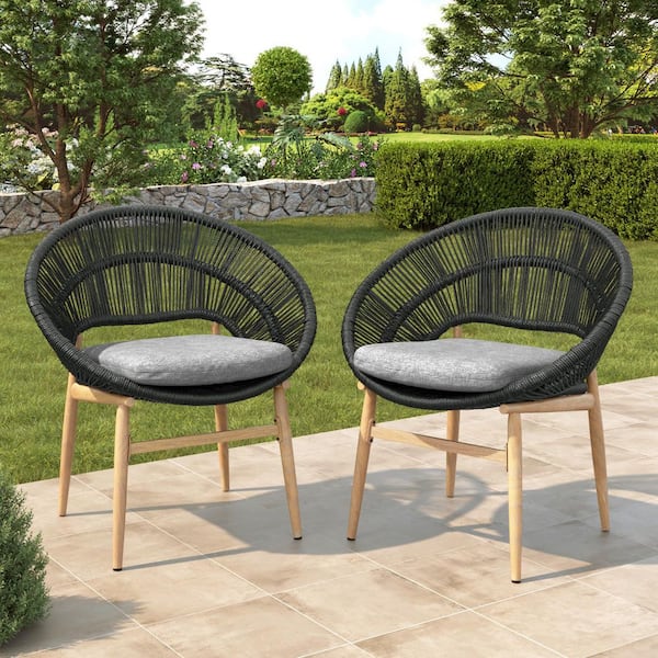 Wicker Outdoor Dining Chair Patio Rattan Lounge Chairs with Black Backrest and Gray Quick-drying Cushion (2-Pack)