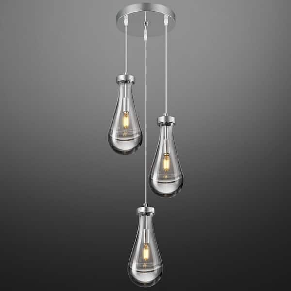 Home Lighting 40W 3-Light Chrome Raindrop Clear Solid Glass Pendant Light Teardrop For Kitchen Island, Porch, Corridor