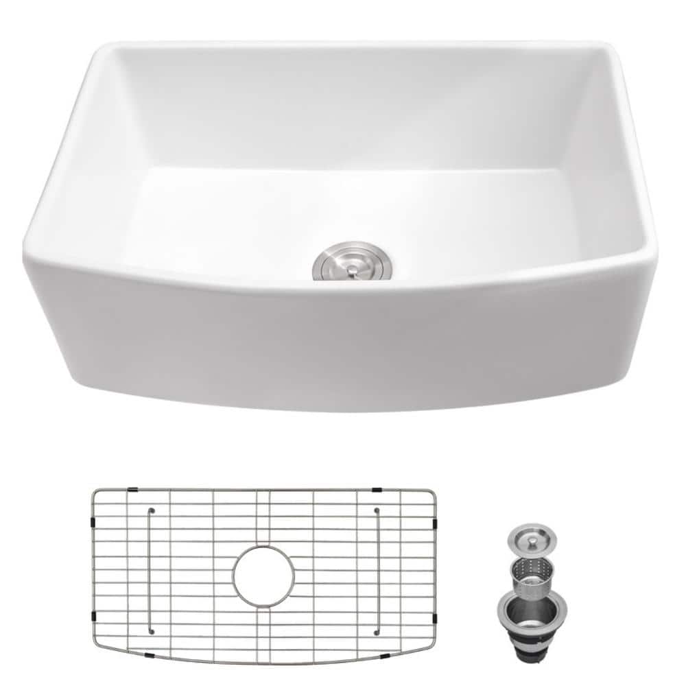 UKISHIRO ‌30 in. Curved Apron-Front Farmhouse Single Bowl White