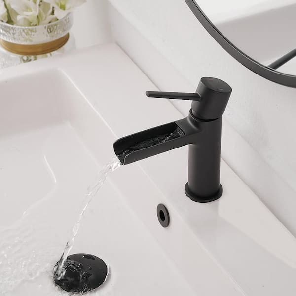 Single Handle Single Hole Bathroom Faucet with Drain Kit Included and Adjustable Flow Rate in Matte Black