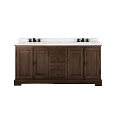 Clinton 72 in. W Double Vanity in Antique Coffee with Natural Marble Vanity Top in White with White Sink
