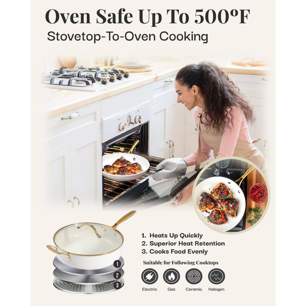 Cream 5.5 Qt Nonstick Ceramic Jumbo Cooker with Gold Handles