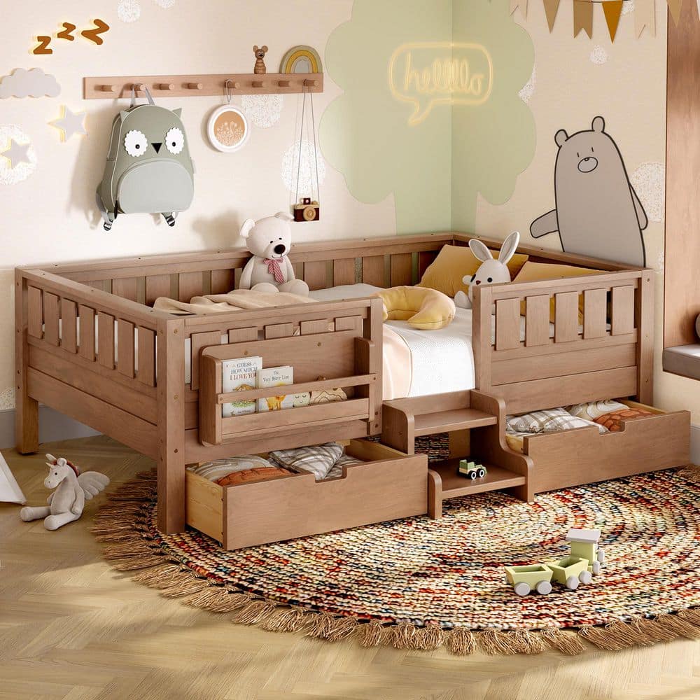 Natural Twin Platform Bed with Safety Staircase and Rails, Built-in Bookshelves and 2-Drawers