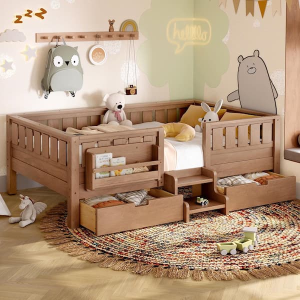 Natural Twin Platform Bed with Safety Staircase and Rails, Built-in Bookshelves and 2-Drawers