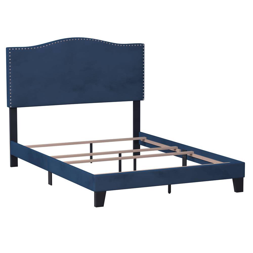 Queen Blue Velvet Upholstered Bed with Nailhead Trim