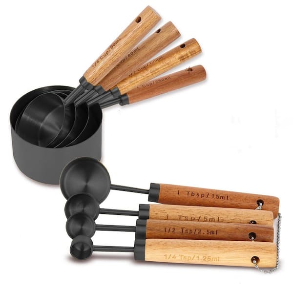 8-Piece Measuring Cups and Spoons Set with Fragrant Wood Handles for the Kitchen Enthusiast in Black