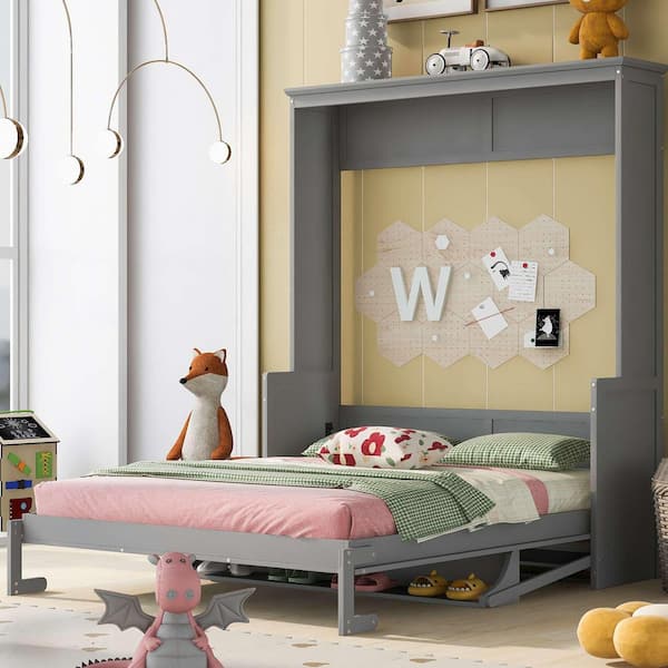 Gray Wood Frame Queen Size Murphy Bed with a Shelf