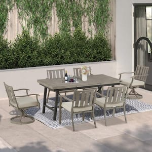 7-Piece Aluminum Outdoor Dining Set with Beige Sunbrella Cushions, Extendable Table, 2 Swivel Chairs, 4 Dining Chairs