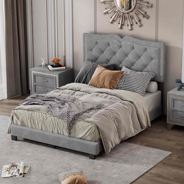 Gray Wood Frame Full Size Platform Bed with Rivet Design, Tufted Headboard