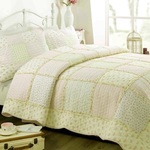 Sweet Light Peachy Pink Floral 2-Piece Patchwork Gingham Ruffle Scalloped Cotton Twin Quilt Bedding Set