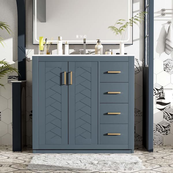 36 in. Bath Vanity Cabinet without Top in Blue, Solid Wood Frame Bathroom Storage Cabinet Bathroom Vanity Without Sink