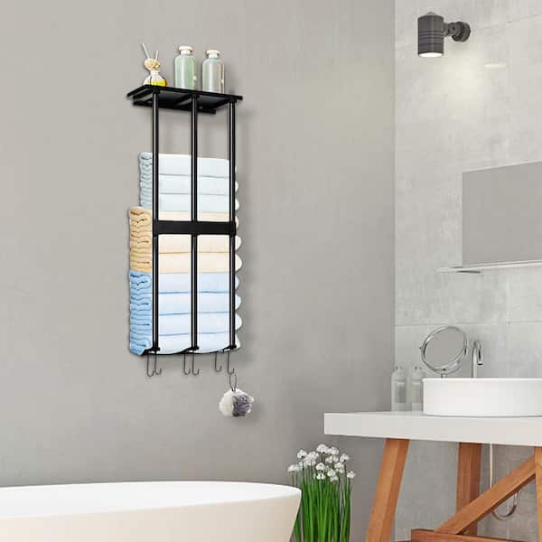1-Pack Wall Mounted Towel Rack in Black for Rolled Towels Bathroom Organizer Storage Shelf