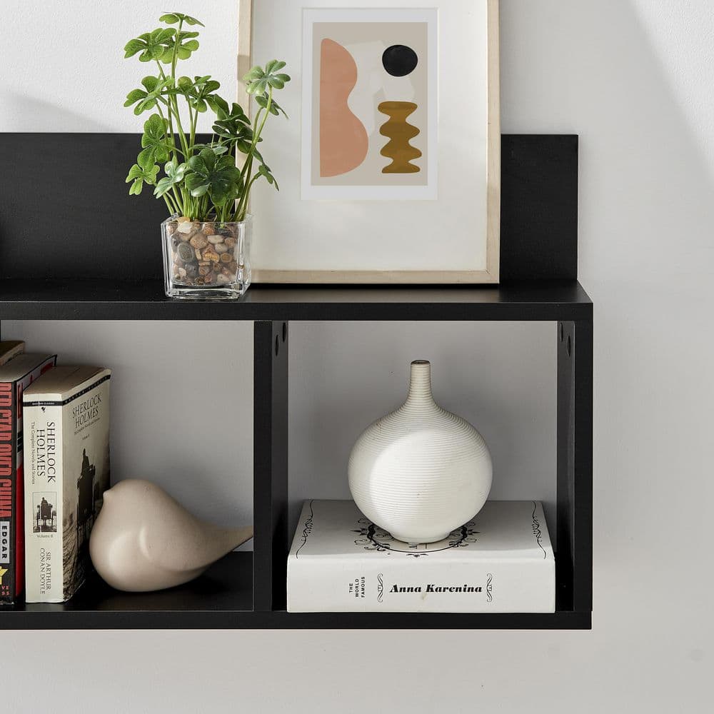 Black MDF 34" Floating Cube Wall Shelf with Display Ledge