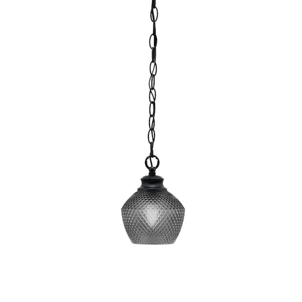 Unbranded Tyler 60-Watt 1-Light Matte Black Chain Mini Pendant Light with Smoke Textured Glass Shade