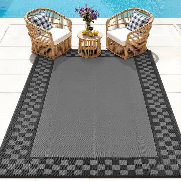 Gray/Black 8 ft. x 10 ft. Reversible Waterproof Plastic Straw Geometric Outdoor Patio RV Rug with Stakes Area Rug