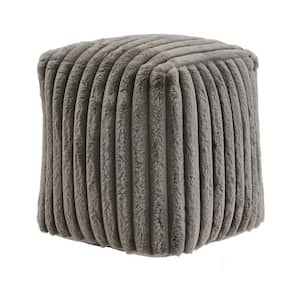 Dark Grey Channel Furry Fabric Upholstered Square Pouf Ottoman