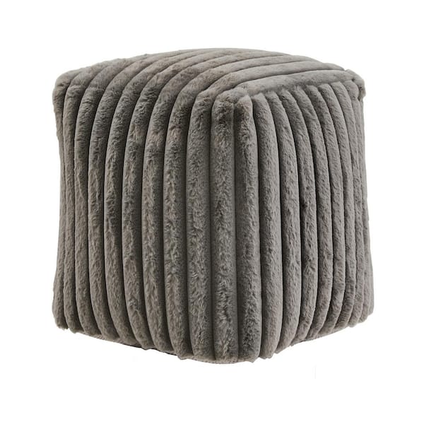 HomeSullivan Dark Grey Channel Furry Fabric Upholstered Square Pouf Ottoman