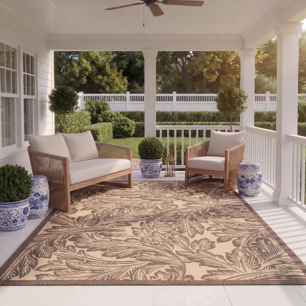 Courtyard Natural/Chocolate 8 ft. x 11 ft. Border Indoor/Outdoor Patio  Area Rug