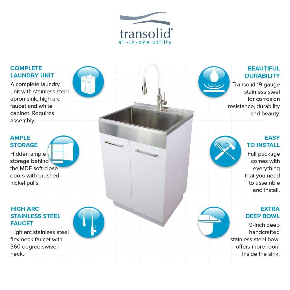 24-Inch White Freestanding Stainless Steel Laundry Sink with Faucet
